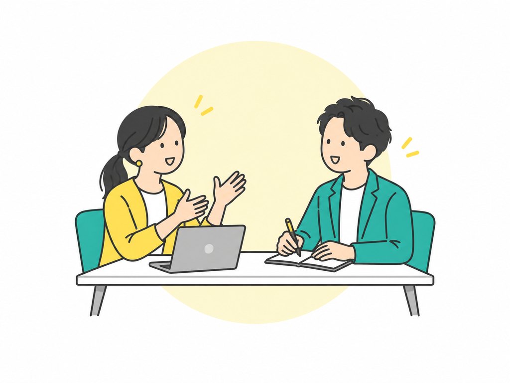 採用担当者の話をスタッフが聞いている打ち合わせのイラスト