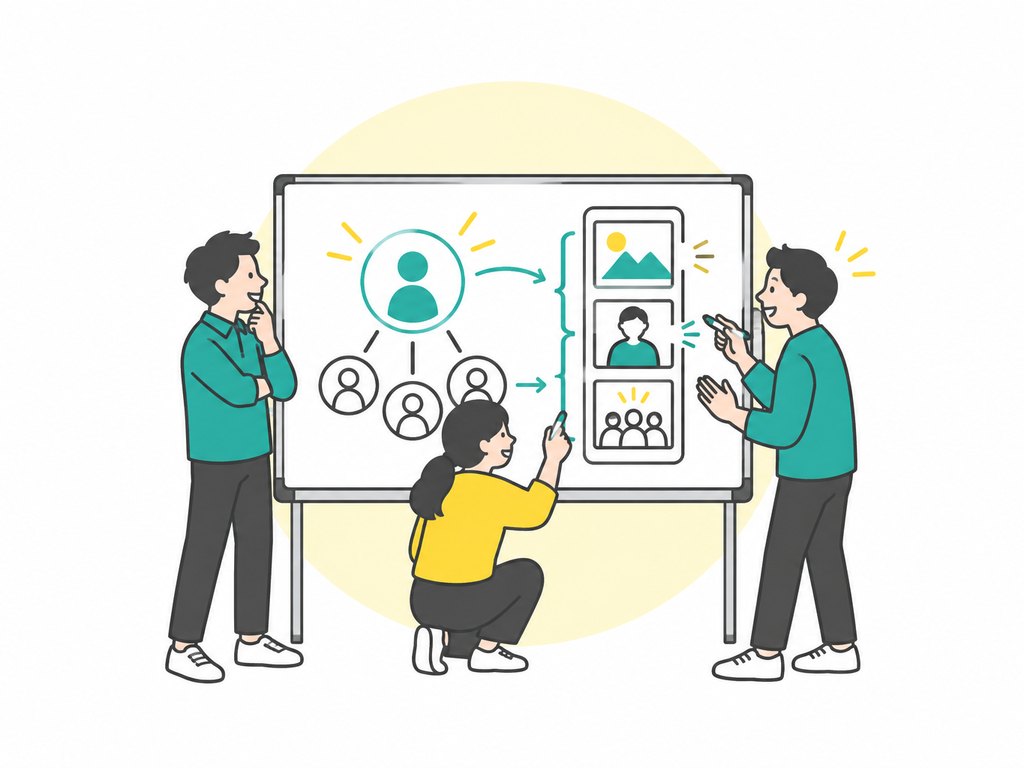 ホワイトボードで届けたい人物像と動画の構成を考えているイラスト