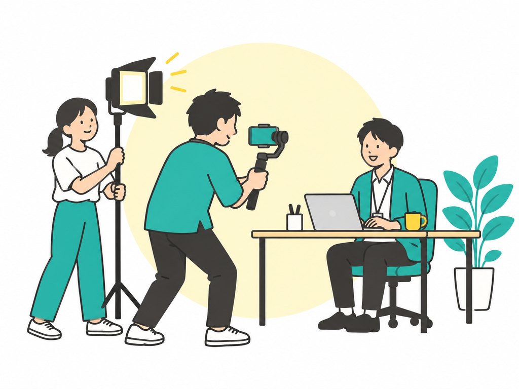 職場で働く社員をスマートフォンとジンバルで撮影しているイラスト