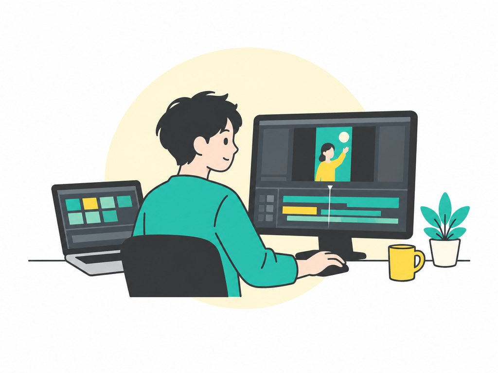 クリエイターがパソコンで動画を編集しているイラスト