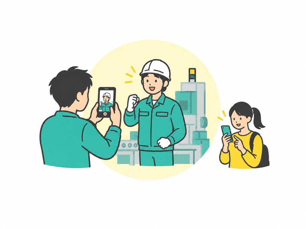 スタッフが製造現場の社員をスマートフォンで撮影し、求職者がその動画を見ているイラスト